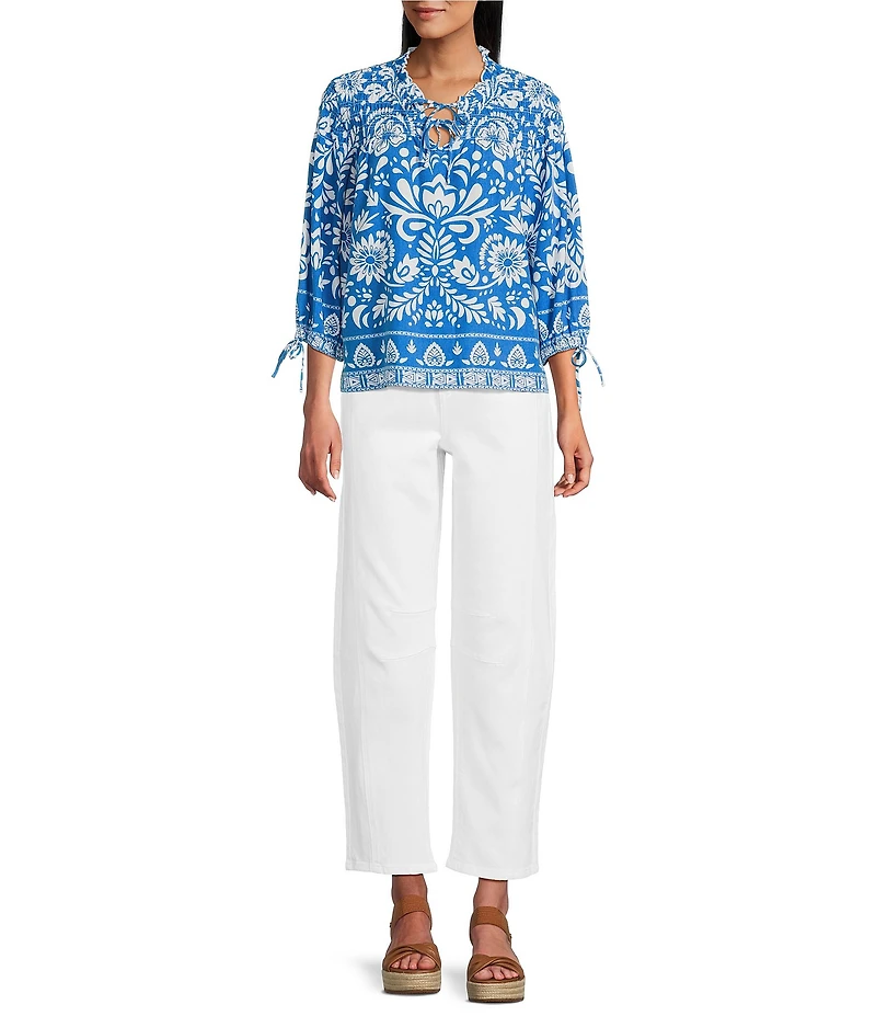 John Mark Woven Floral Point Collar Smocked Yoke Long Cinched Sleeve Button-Front Shirt