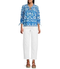 John Mark Woven Floral Point Collar Smocked Yoke Long Cinched Sleeve Button-Front Shirt