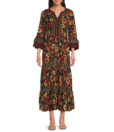 John Mark Woven Floral Print Split V-Neck 3/4 Sleeve Tiered Skirt Dress