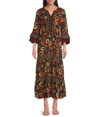 John Mark Woven Floral Print Split V-Neck 3/4 Sleeve Tiered Skirt Dress