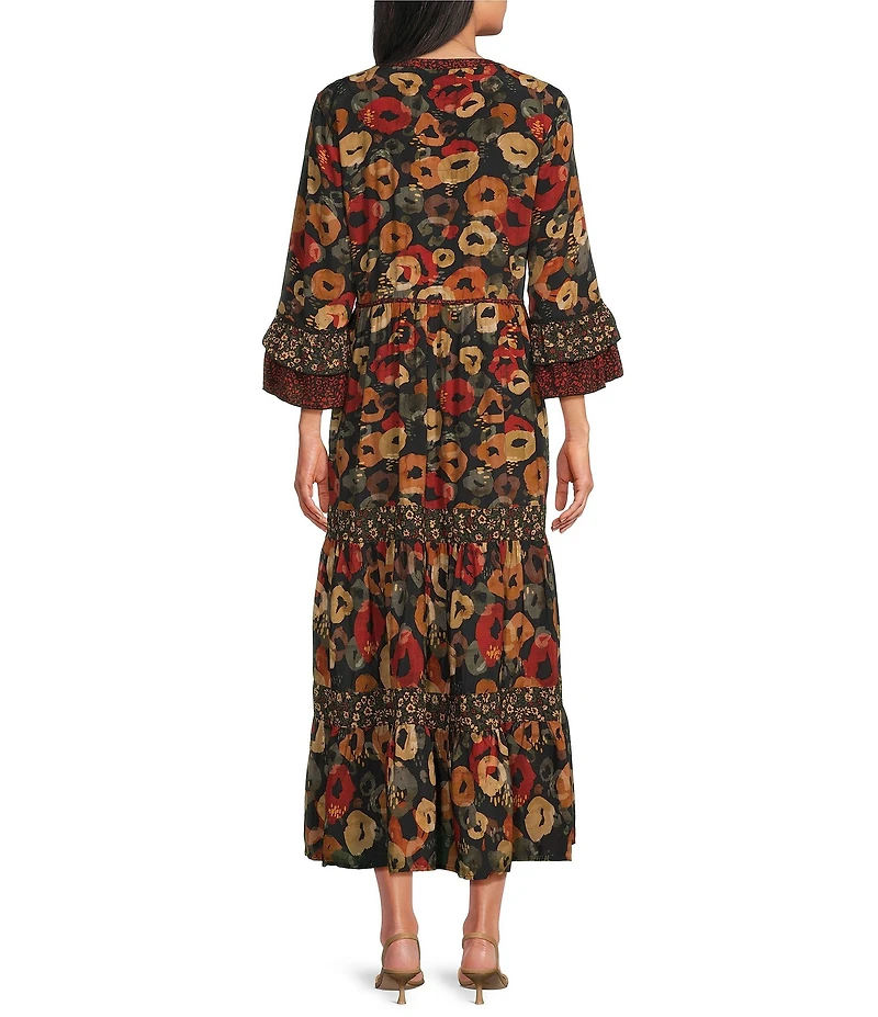 John Mark Woven Floral Print Split V-Neck 3/4 Sleeve Tiered Skirt Dress