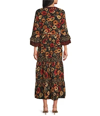 John Mark Woven Floral Print Split V-Neck 3/4 Sleeve Tiered Skirt Dress
