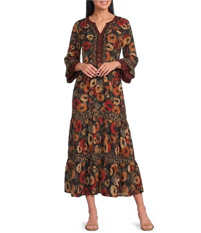 John Mark Woven Floral Print Split V-Neck 3/4 Sleeve Tiered Skirt Dress
