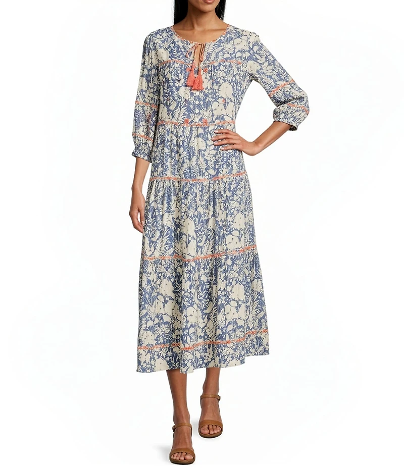 John Mark Woven Floral Split V-Neck 3/4 Blouson Sleeve A- Line Tiered Midi Dress