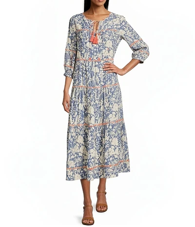 John Mark Woven Floral Split V-Neck 3/4 Blouson Sleeve A- Line Tiered Midi Dress