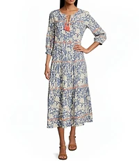 John Mark Woven Floral Split V-Neck 3/4 Blouson Sleeve A- Line Tiered Midi Dress
