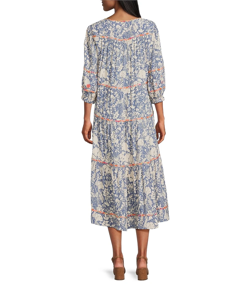 John Mark Woven Floral Split V-Neck 3/4 Blouson Sleeve A- Line Tiered Midi Dress