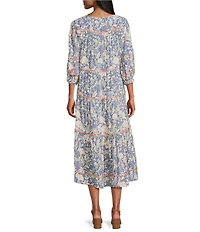John Mark Woven Floral Split V-Neck 3/4 Blouson Sleeve A- Line Tiered Midi Dress