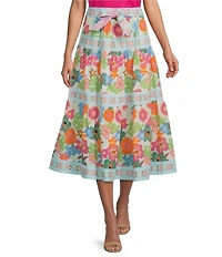 John Mark Woven Floral Tiered Tie Front A-Line Midi Skirt