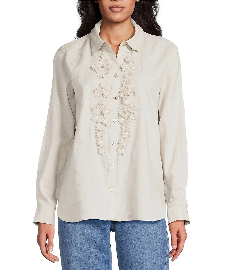 John Mark Woven Flower Applique Point Collar Long Sleeve Button Front Blouse