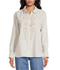 John Mark Woven Flower Applique Point Collar Long Sleeve Button Front Blouse