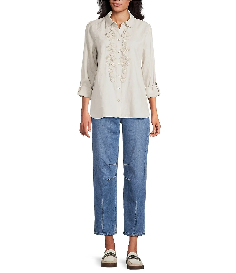 John Mark Woven Flower Applique Point Collar Long Sleeve Button Front Blouse