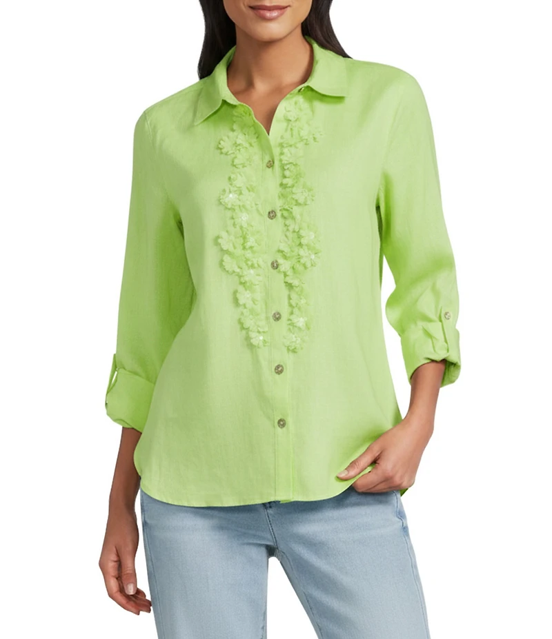 John Mark Woven Flower Applique Point Collar Long Sleeve Button Front Blouse
