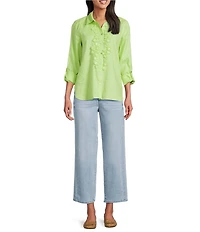 John Mark Woven Flower Applique Point Collar Long Sleeve Button Front Blouse