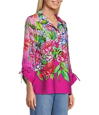 John Mark Woven Hydrangea Floral Wire Collar 3/4 Cinched Sleeve Top
