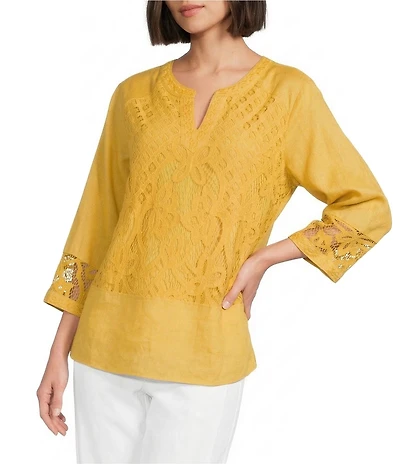 John Mark Woven Lace Inset Split V-Neck 3/4 Sleeve Tunic
