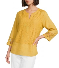 John Mark Woven Lace Inset Split V-Neck 3/4 Sleeve Tunic