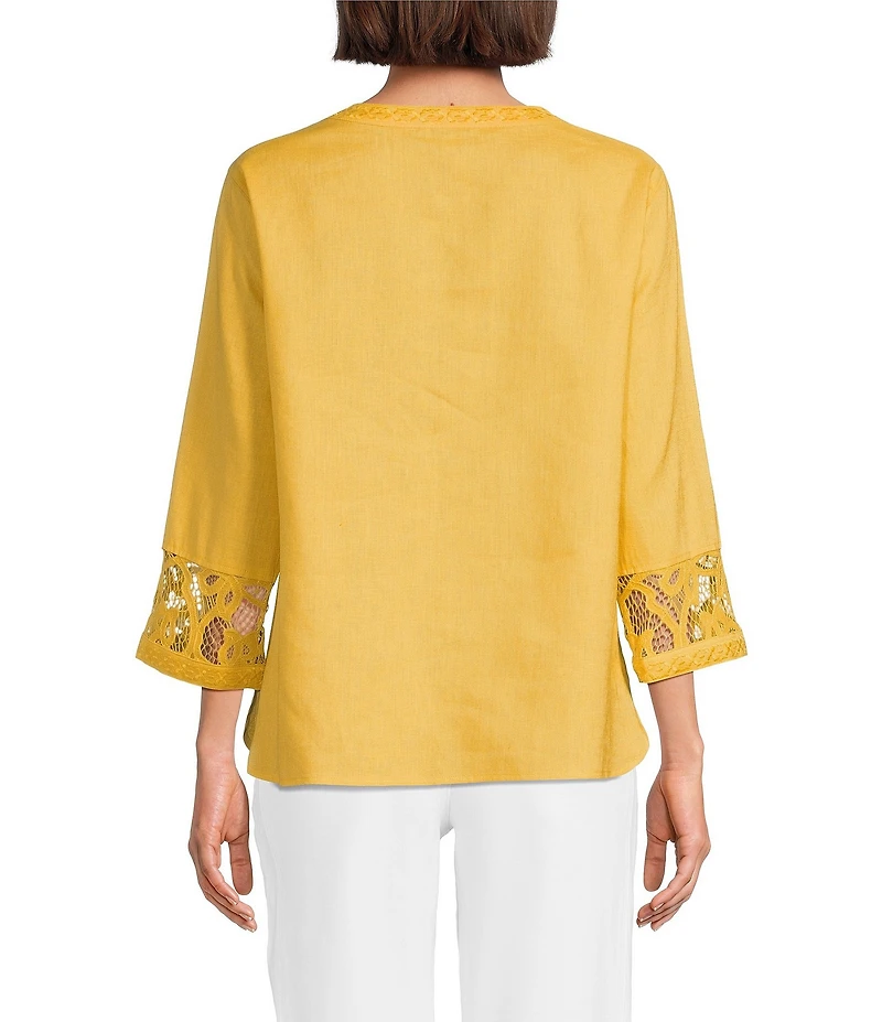 John Mark Woven Lace Inset Split V-Neck 3/4 Sleeve Tunic
