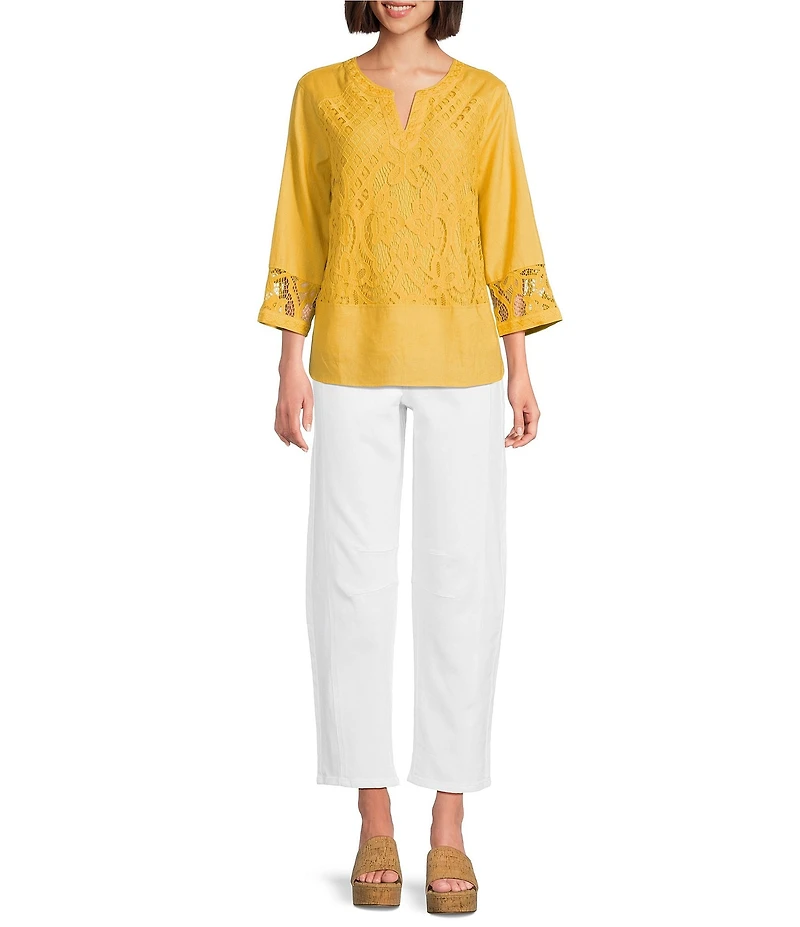 John Mark Woven Lace Inset Split V-Neck 3/4 Sleeve Tunic