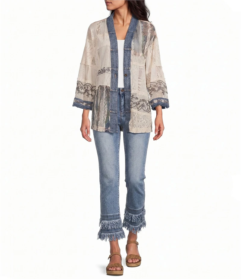John Mark Woven Lace Patchwork 3/4 Sleeve One Button-Front Jacket