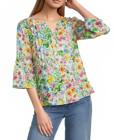 John Mark Woven Linen Blend Floral Y- Neck 3/4 Bell Sleeve Pullover Blouse