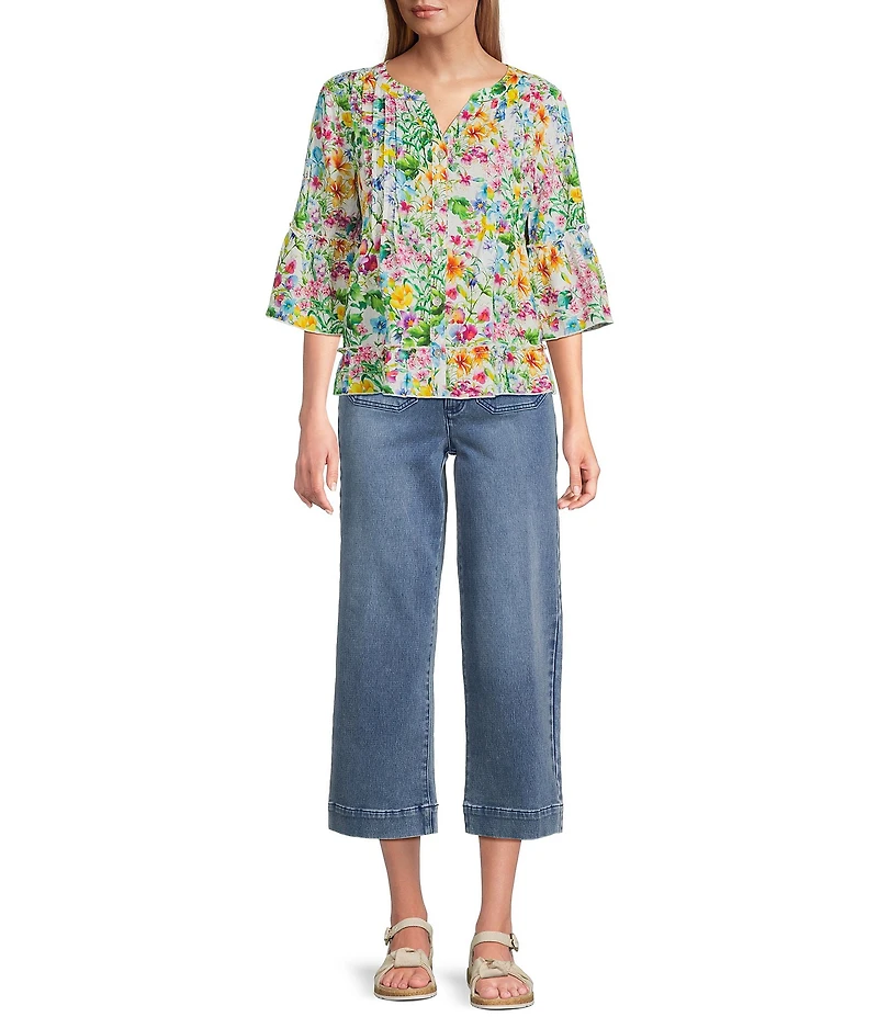 John Mark Woven Linen Blend Floral Y- Neck 3/4 Bell Sleeve Pullover Blouse