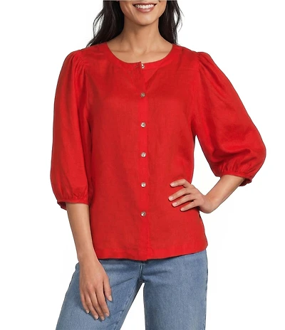 John Mark Woven Linen Round Neck Elbow Sleeve Button Front Blouse