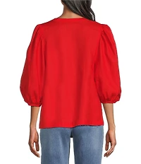 John Mark Woven Linen Round Neck Elbow Sleeve Button Front Blouse