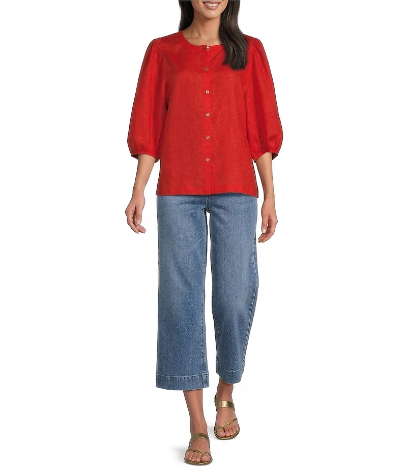John Mark Woven Linen Round Neck Elbow Sleeve Button Front Blouse
