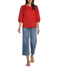 John Mark Woven Linen Round Neck Elbow Sleeve Button Front Blouse