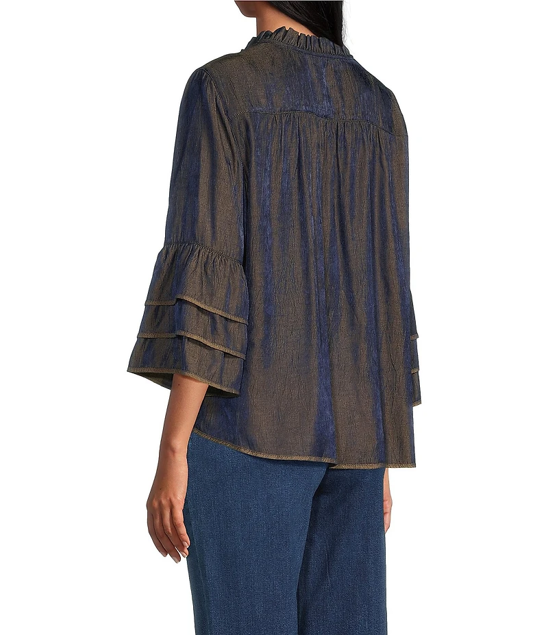 John Mark Woven Metallic Embroidered Ruffled Split V-Neck 3/4 Sleeve Hi-Low Hem Peasant Top