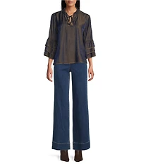 John Mark Woven Metallic Embroidered Ruffled Split V-Neck 3/4 Sleeve Hi-Low Hem Peasant Top