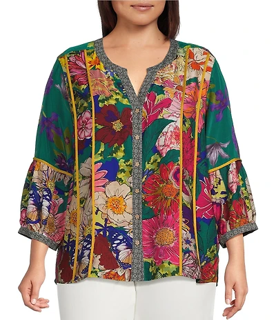 John Mark Woven Mixed All Over Print Banded Split V-Neck 3/4 Lantern Sleeve Button Front Shirt