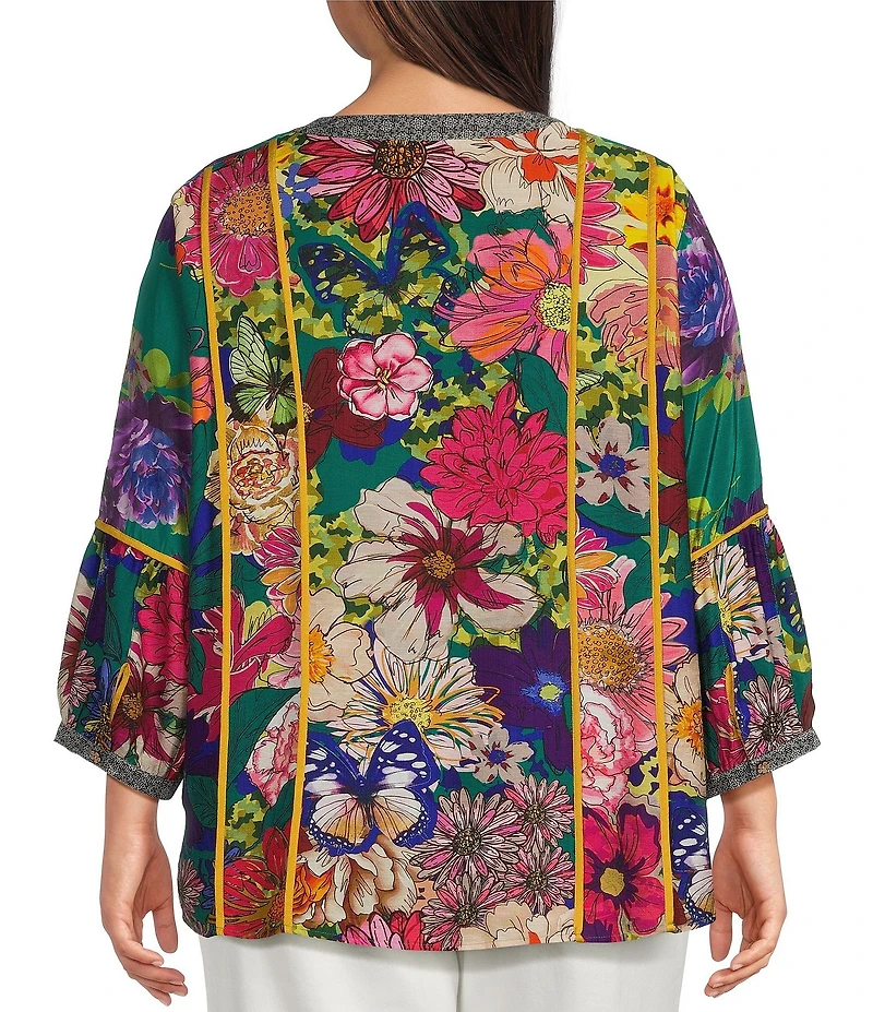 John Mark Woven Mixed All Over Print Banded Split V-Neck 3/4 Lantern Sleeve Button Front Shirt