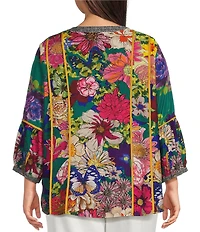 John Mark Woven Mixed All Over Print Banded Split V-Neck 3/4 Lantern Sleeve Button Front Shirt