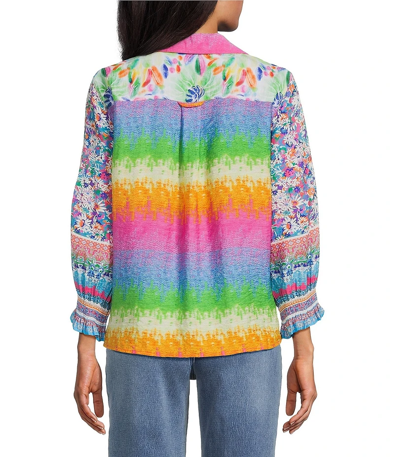 John Mark Woven Multi Floral Stripe Mixed Print Point Collar Long Ruffle Cuffed Sleeve Button Front Tie Blouse