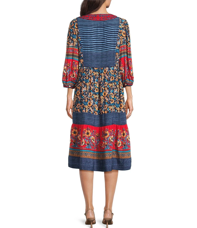 John Mark Woven Multi Floral V-Neck 3/4 Sleeves Embroidered Detail Dress