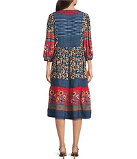 John Mark Woven Multi Floral V-Neck 3/4 Sleeves Embroidered Detail Dress