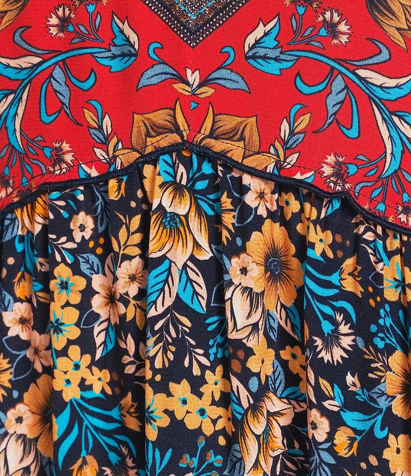 John Mark Woven Multi Floral V-Neck 3/4 Sleeves Embroidered Detail Dress