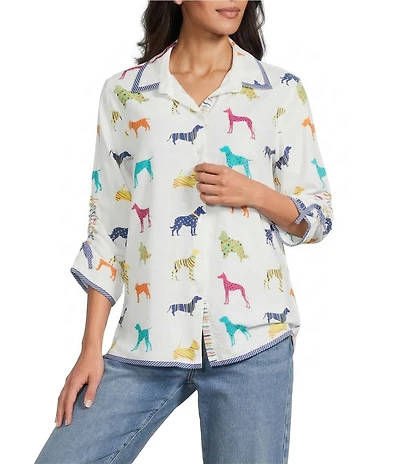 John Mark Woven Multi Novelty Dog Print Point Collar 3/4 Cinched Sleeve Button Front Shirt