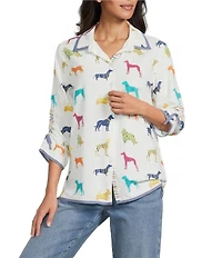 John Mark Woven Multi Novelty Dog Print Point Collar 3/4 Cinched Sleeve Button Front Shirt