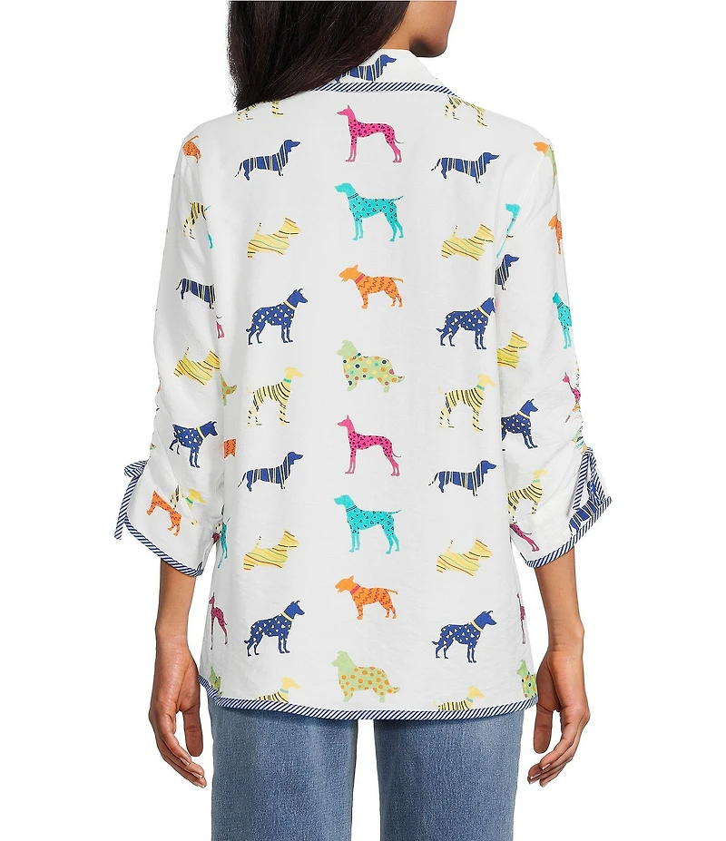 John Mark Woven Multi Novelty Dog Print Point Collar 3/4 Cinched Sleeve Button Front Shirt