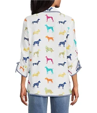 John Mark Woven Multi Novelty Dog Print Point Collar 3/4 Cinched Sleeve Button Front Shirt
