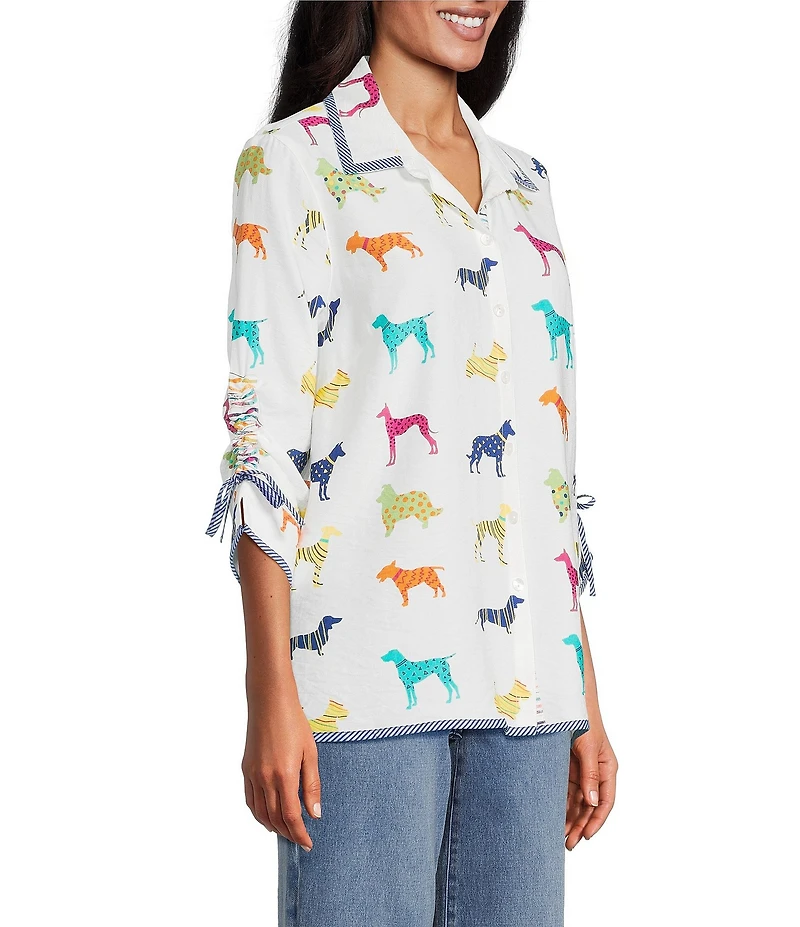 John Mark Woven Multi Novelty Dog Print Point Collar 3/4 Cinched Sleeve Button Front Shirt