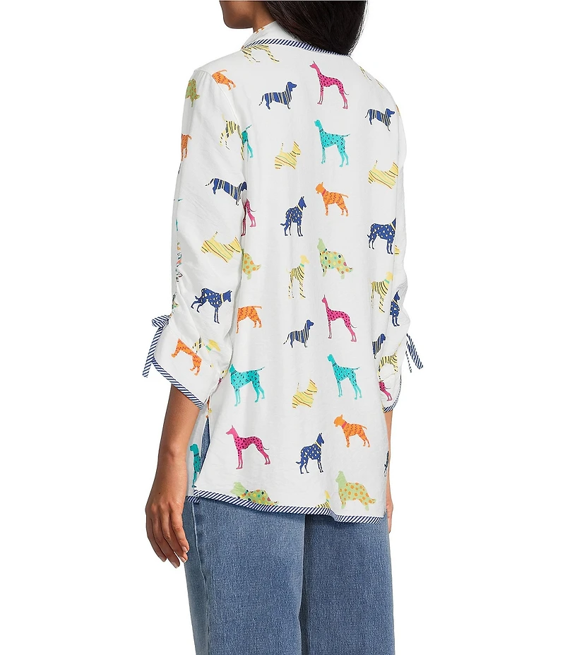 John Mark Woven Multi Novelty Dog Print Point Collar 3/4 Cinched Sleeve Button Front Shirt