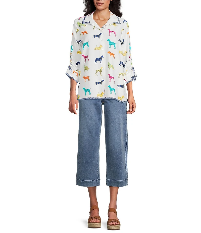 John Mark Woven Multi Novelty Dog Print Point Collar 3/4 Cinched Sleeve Button Front Shirt