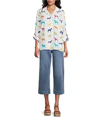 John Mark Woven Multi Novelty Dog Print Point Collar 3/4 Cinched Sleeve Button Front Shirt