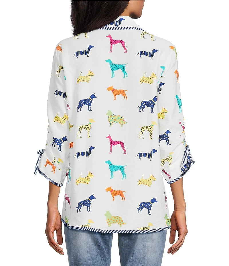 John Mark Woven Multi Novelty Dog Print Point Collar 3/4 Cinched Sleeve Button Front Shirt