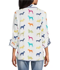 John Mark Woven Multi Novelty Dog Print Point Collar 3/4 Cinched Sleeve Button Front Shirt