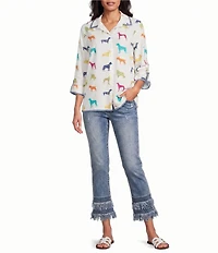 John Mark Woven Multi Novelty Dog Print Point Collar 3/4 Cinched Sleeve Button Front Shirt